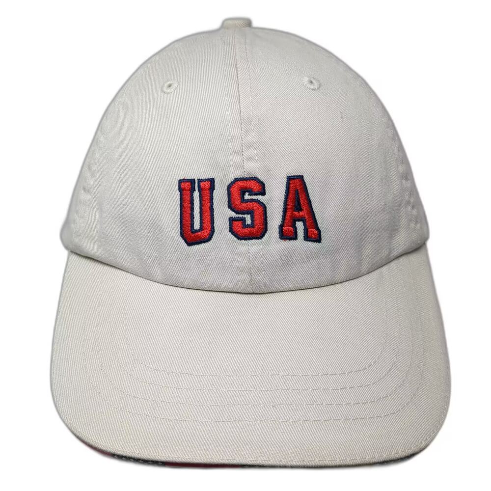 DPC USA Baseball Cap Beige Red Hat OS Embroidered American Flag Slideback Cap
